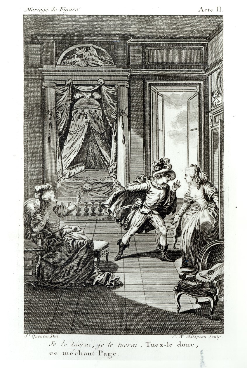 “我要杀了他......”，皮埃尔 - 奥古斯丁Caron de Beaumarchais（1732-99）的第二幕“费加罗的婚姻”中的场景，由Claude Nicolas Malapeau（1755-1803）1785年刻（bw phot 作者 雅克·菲利普·约瑟夫·德·圣昆汀