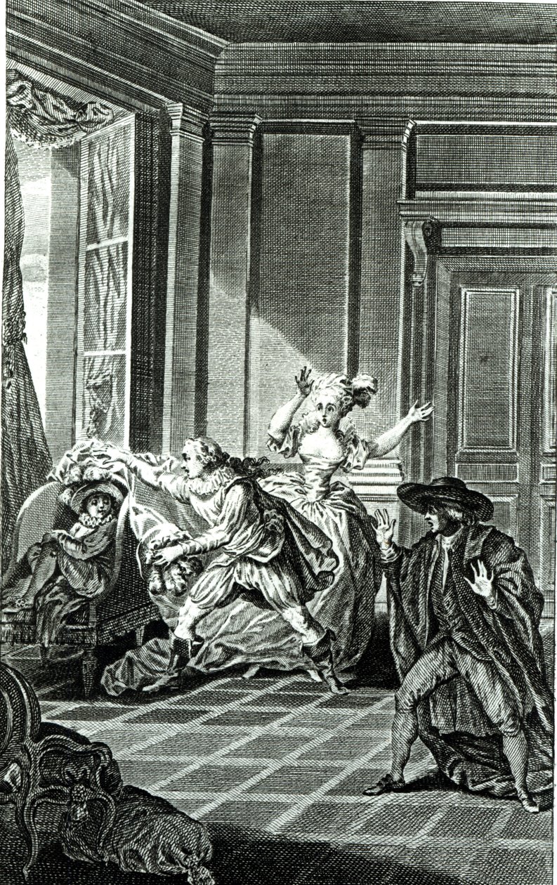 由皮埃尔 - 奥古斯丁Caron de Beaumarchais（1732-99）拍摄的“费加罗的婚姻”第一幕的场景，由Claude Nicolas Malapeau（1755-1803）1785年刻 作者 雅克·菲利普·约瑟夫·德·圣昆汀