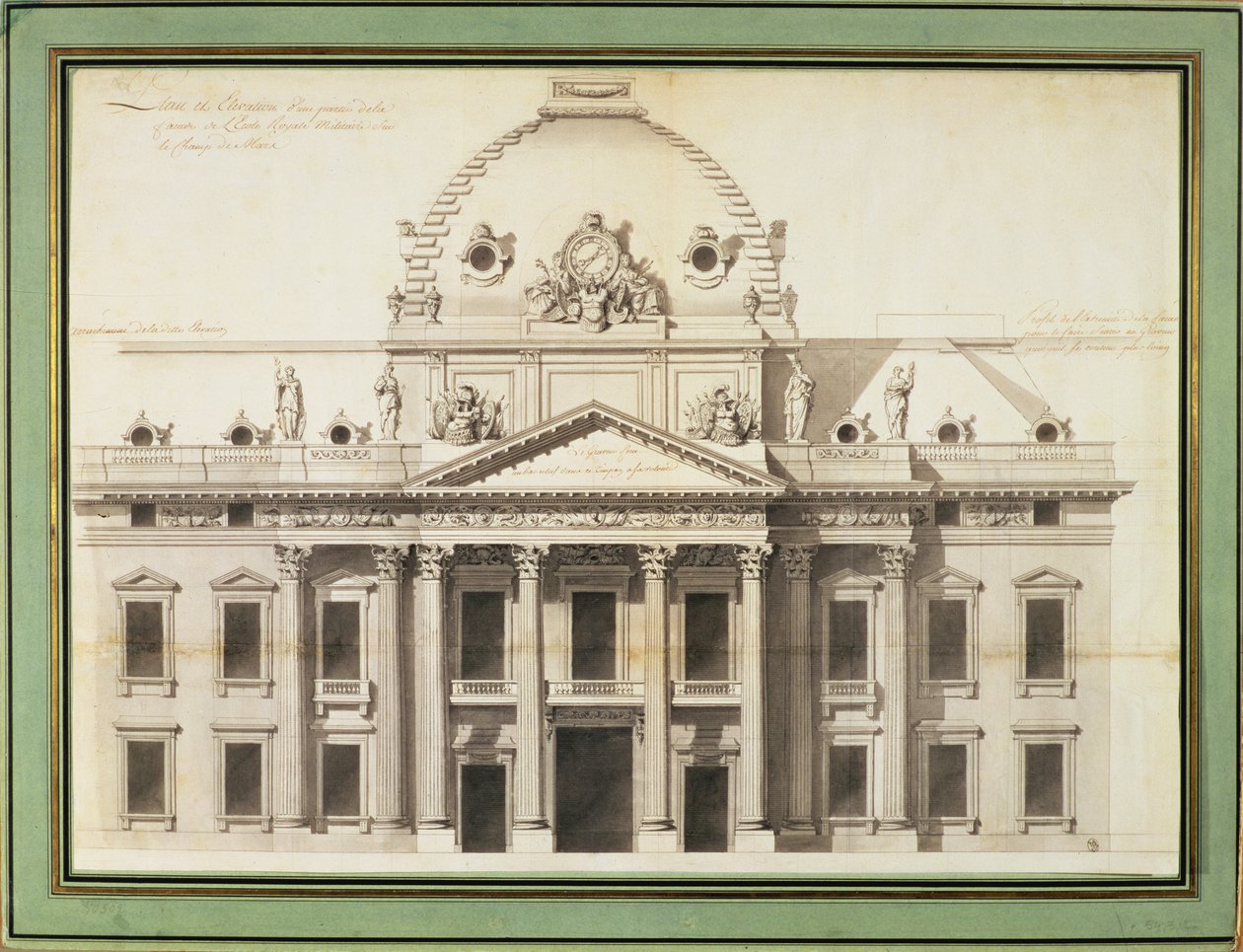 巴黎高等军事学院设计，1751年（笔，画笔，墨水） 作者 雅克·安格·加布里埃尔