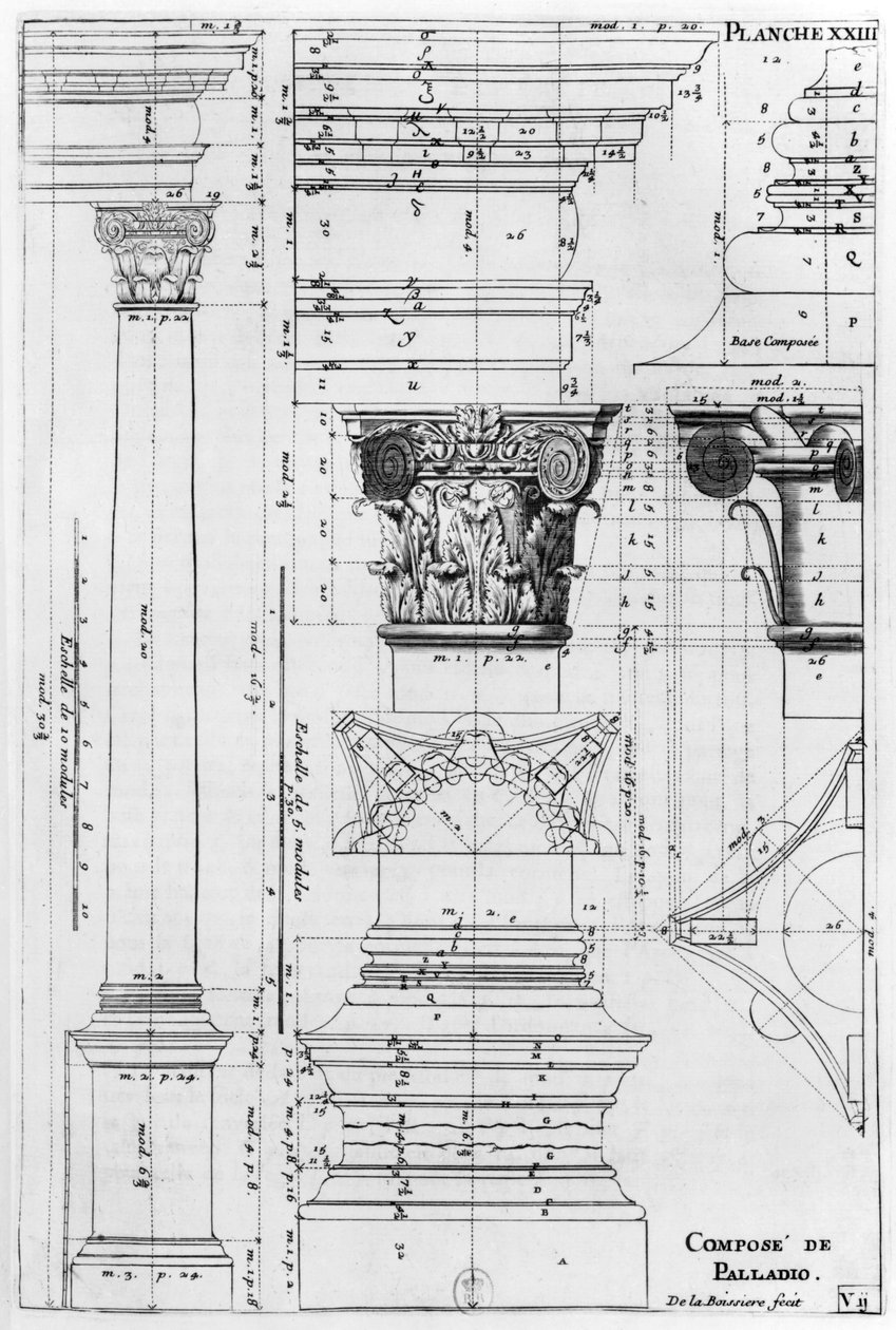 由De La Boissiere雕刻的Andrea Palladio（1508-80）设计的复合柱的剖面和立面，来自&39;Traite d&39;architecture&39;的插图 作者 雅克·弗朗索瓦·布朗德尔