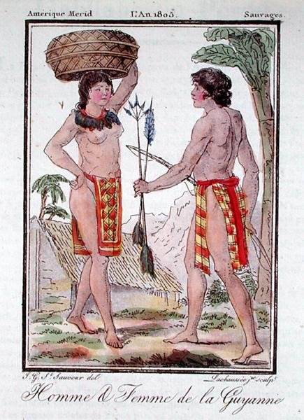 法属圭亚那的印第安人，摘自 "Encyclopedie des Voyages"，由Lachausee the Younger刻制。 作者 雅克（后）格拉塞德圣索沃尔
