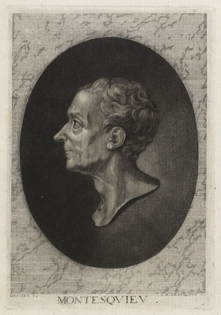 孟德斯鸠，由Jean-Baptiste de Grateloup雕刻，1768年（用mezzotint点蚀蚀刻） 作者 雅克·安托万·达西尔