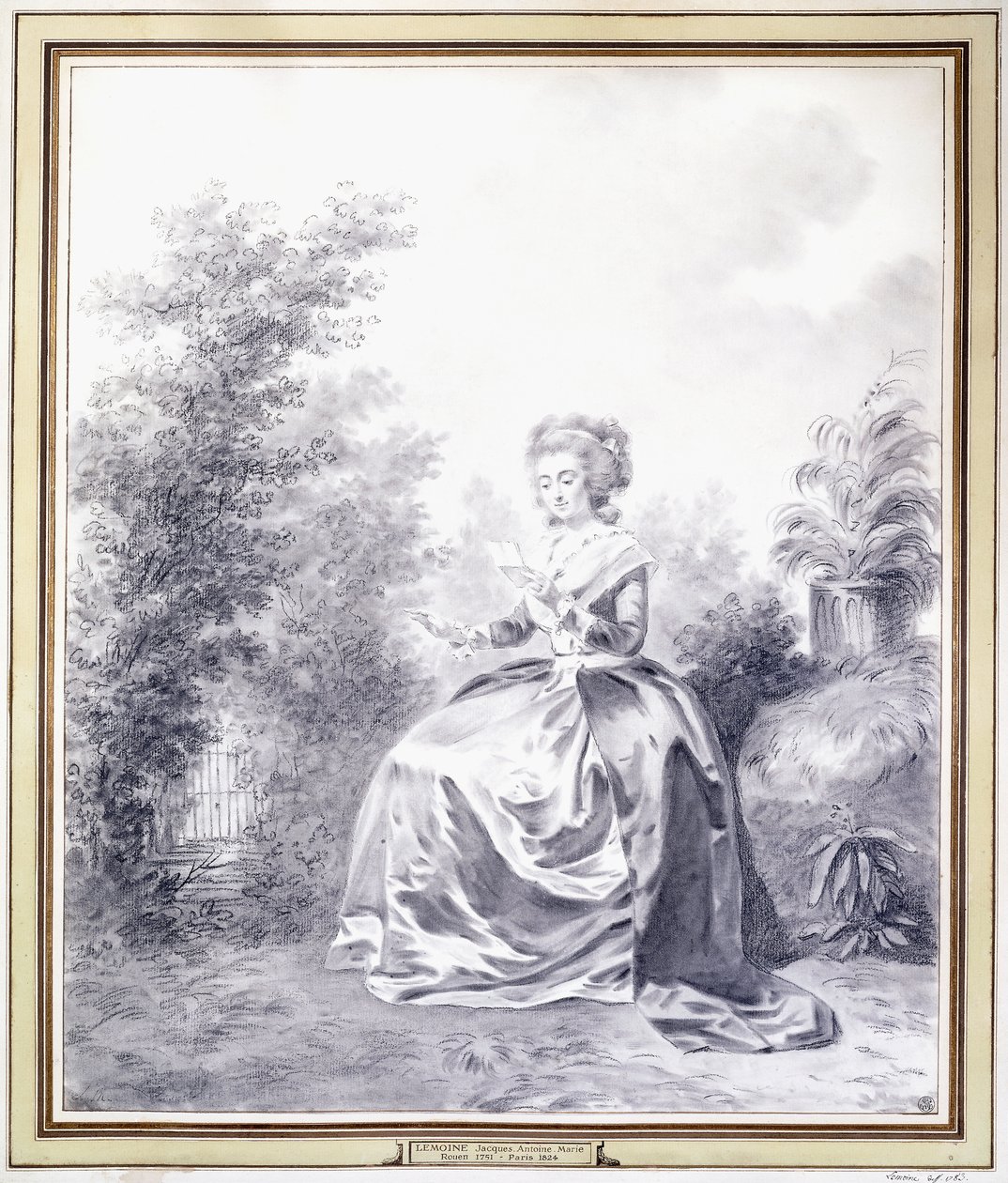 伊丽莎白·路易丝·维吉·勒布朗（Elisabeth Louise Vigee-Lebrun）读坐在花园里的一封信的肖像（黑色粉笔） 作者 雅克·安托万·玛丽·勒莫恩