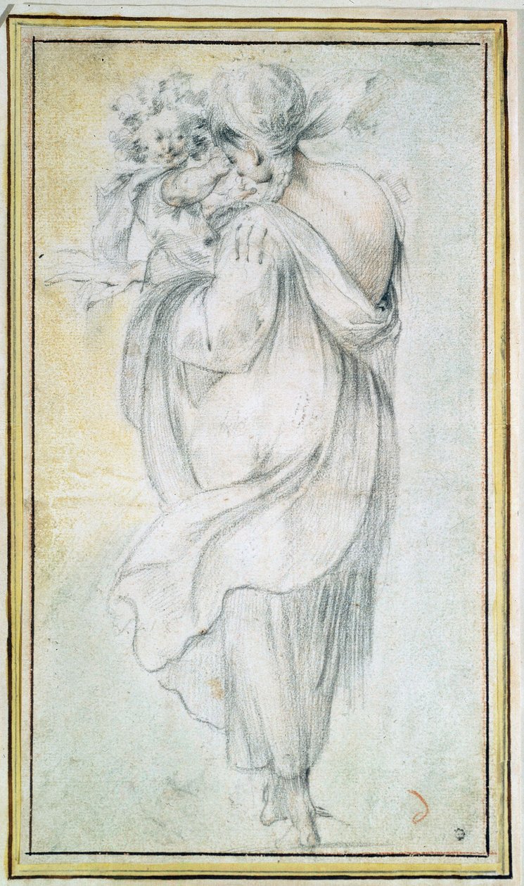 Gitane avec un enfant - Oeuvre de Jacques Bellange (vers 1575-1616), sanguine et craies noire et blanche sur papier (30x16,5 cm), debut 17eme siecle - Gypsy with a Child, Sanguine, black and white chalk on paper by J. Bellange, Early 17th century - State H 作者 雅克·贝兰芝
