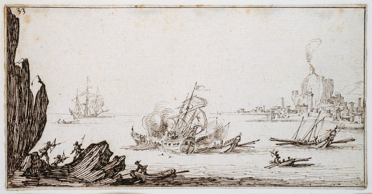 一艘帆船在海港视线内航行时被一艘人形战舰撞到船中部，约 1617 年（纸上钢笔和棕色墨水） 作者 雅克·卡洛