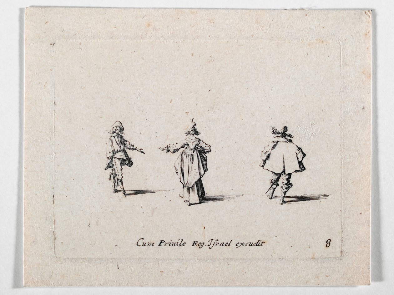 一位伸出手的女士和两位骑兵，选自《Les Fantaisies de Noble J. Callot》......（版画）。 作者 雅克·卡洛