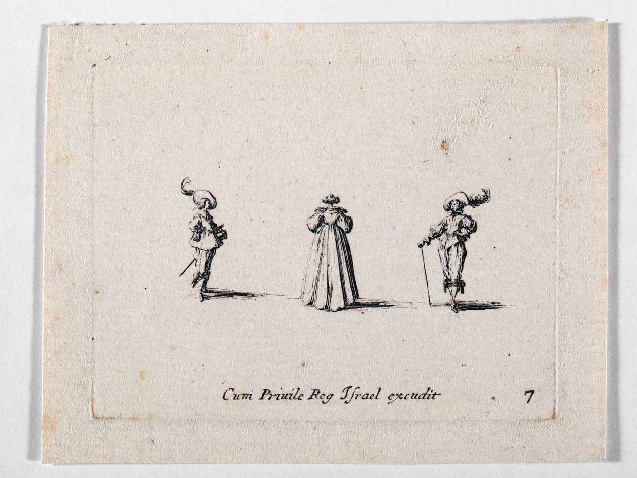 一位身着百褶裙的女士和两位骑兵，选自《Les Fantaisies de Noble J. Callot》......（版画）。 作者 雅克·卡洛
