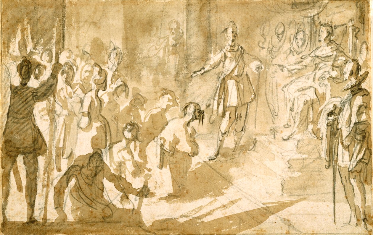 海军上将Inghirami将土耳其囚犯介绍给托斯卡纳国王费迪南德一世，1615年（笔和墨水在纸上用粉笔洗） 作者 雅克·卡洛