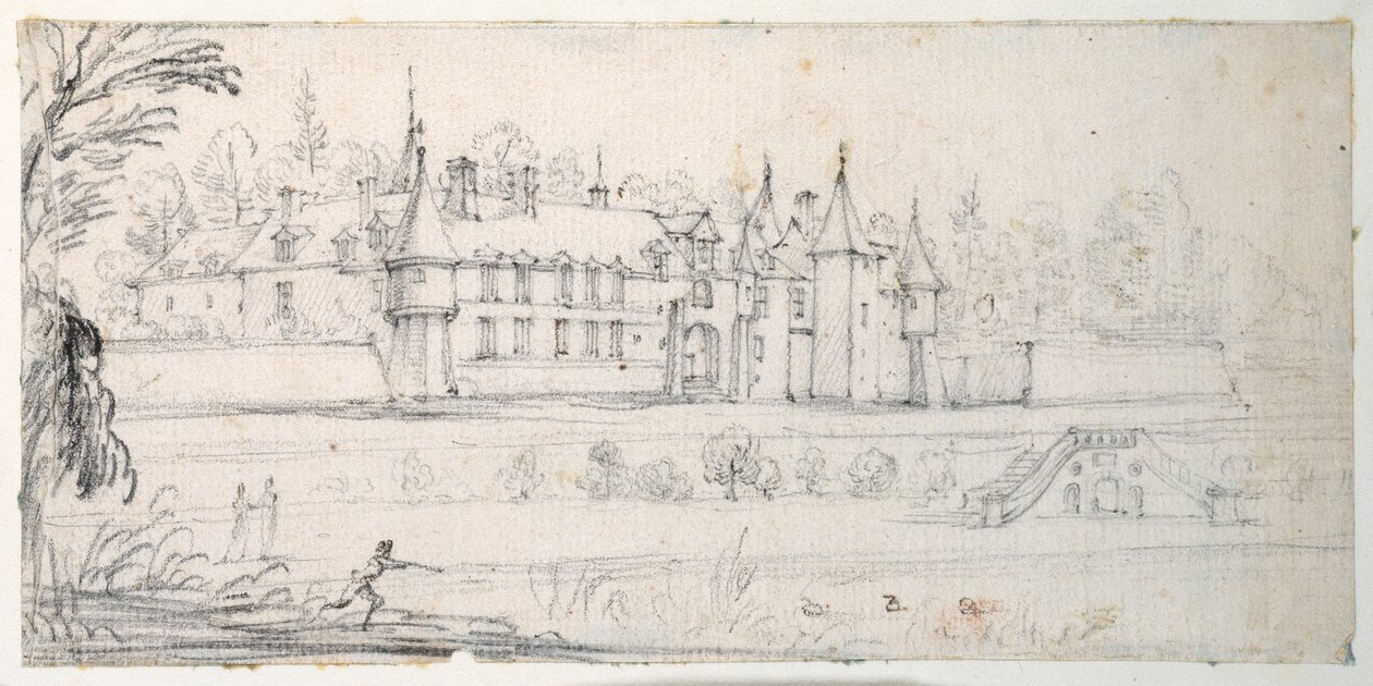 Chateau de Chantelou，位于 Orge 山谷，位于 Linas 和 Chestres 之间（纸上黑色粉笔） 作者 雅克·卡洛