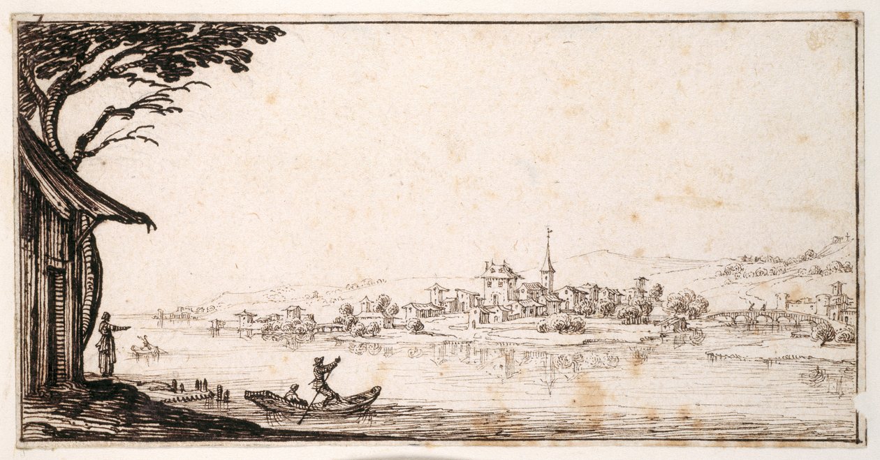 Ferrying a passenger across a river to a small town linked by a bridge to a castle (pen & brown ink on paper) 作者 雅克·卡洛