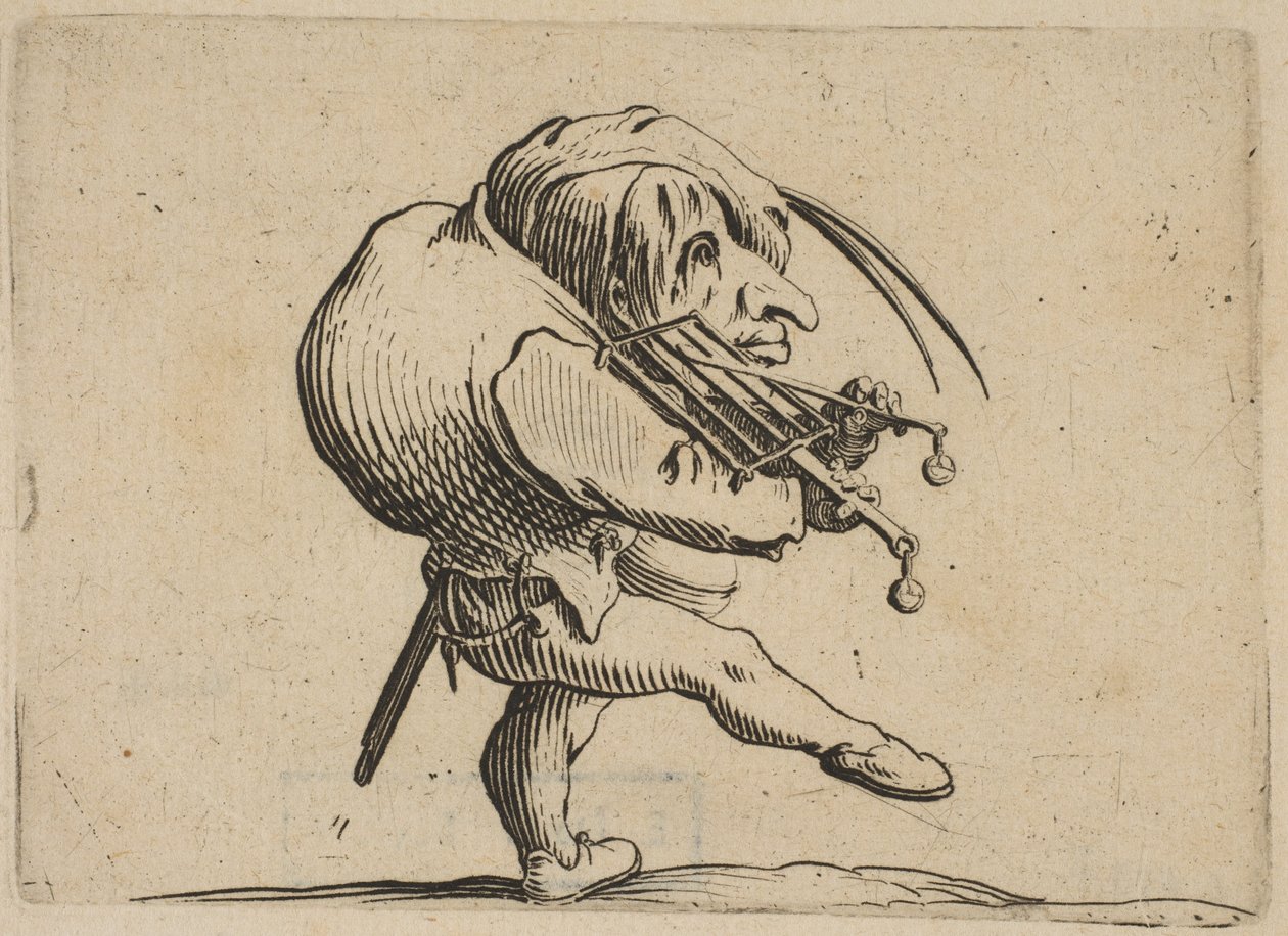 LHomme Raclant和Gril en Guise de Violon男子在Viol的装扮中刮着一块格栅……，1616-22。 作者 雅克·卡洛