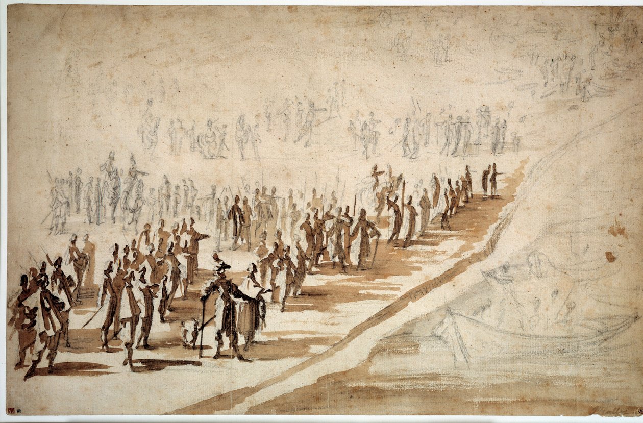 路易十三 (1601-1643) 和黎塞留 (1585-1642) 出席雷岛部队。 雅克·卡洛 (Jacques Callot) 的绘画 (1592-1635) 作者 雅克·卡洛