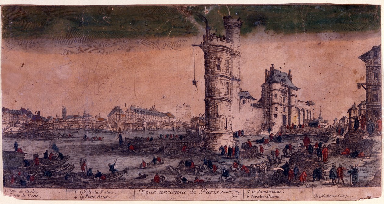 巴黎，Ile de la Cite，Le Pont Neuf和Nesle塔。Jacques Callot的版画。. 作者 雅克·卡洛