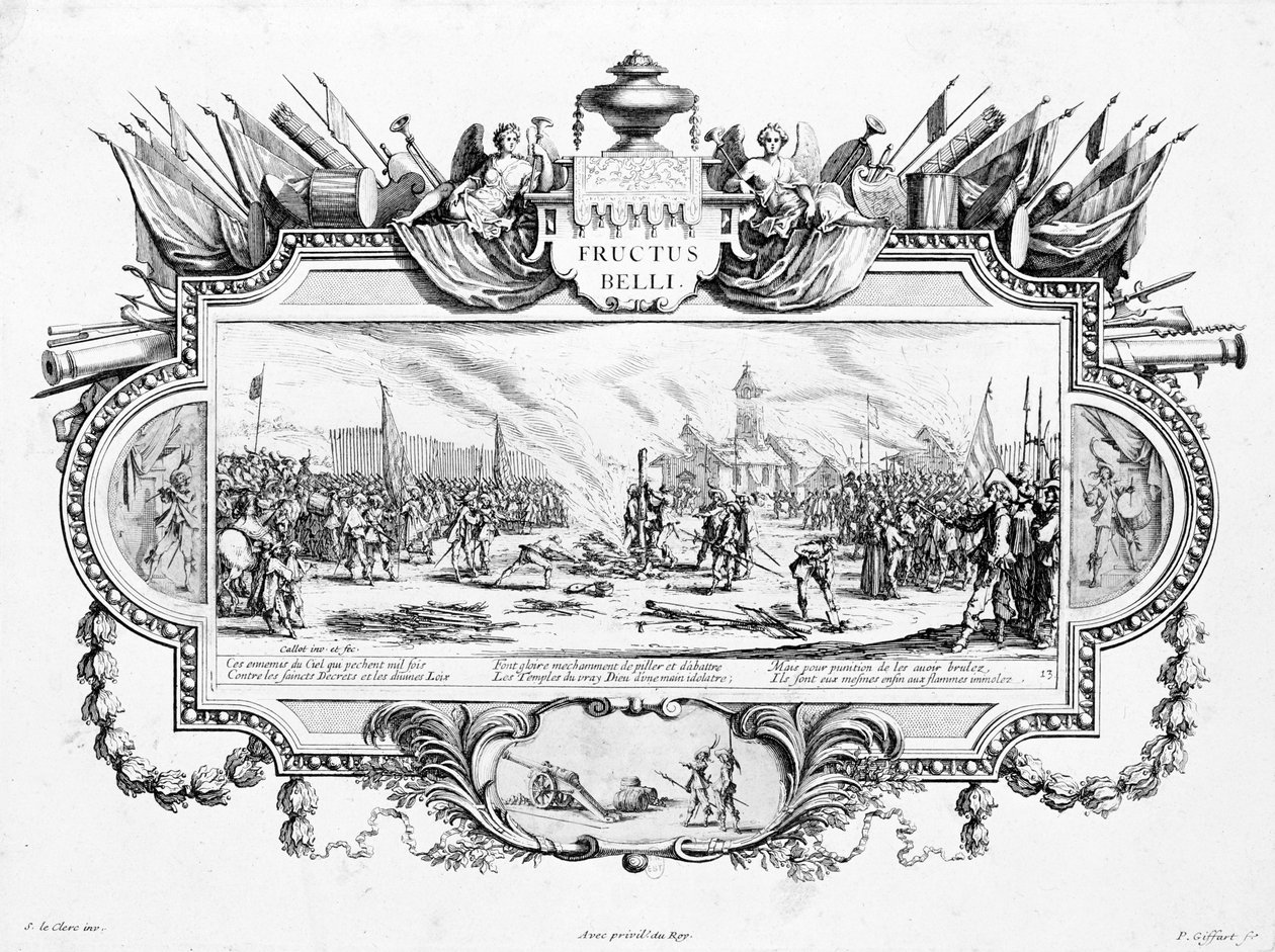 Pyre，“战争的苦难和不幸”中的第13块，Fructus Belli，由Pierre Giffart（1638-1723）和Sebastien Le Clerc（1637-1714）雕刻而成 作者 雅克·卡洛