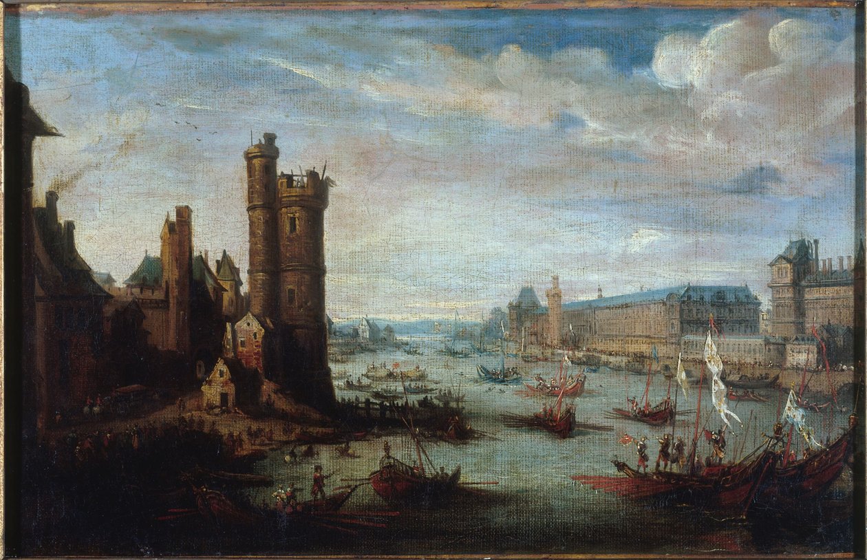 约 1630 年，1625 年至 1635 年间，从新桥看到的 Tour de Nesle、大画廊和卢浮宫（布面油画） 作者 雅克·卡洛