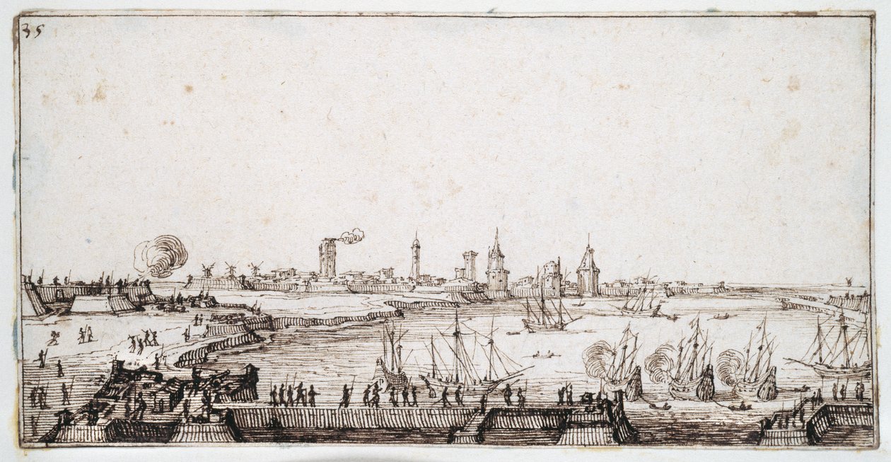 View of the harbour of La Rochelle with galleons firing a salute (pen & brown ink on paper) 作者 雅克·卡洛
