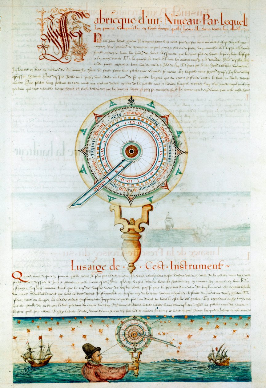 Navigation instruments: navigator using an astrolabe. Page taken from “” Les Premieres Works de Jacques Devaulx Pilot en la Marine”” by Jacques de Vaulx (16th century) 作者 雅克·德瓦克斯（Jacques Devaulx）