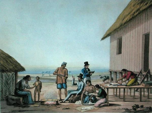 关岛的阿加格纳。国内活动，摘自《1817-20年乌拉尼的世界之旅》，由Lerouge和Choubard雕刻，1825年出版（雕刻版）。 作者 雅克·艾蒂安·维克托（后）阿拉戈