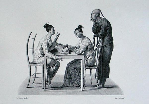 中国人在帝汶的Coupang演奏Tchonka，出自《1817-20年乌兰尼的世界之旅》，由Forget雕刻，1825年出版（雕刻版）。 作者 雅克·艾蒂安·维克托（后）阿拉戈