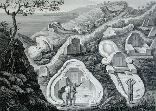 帝汶Coupang附近的华人墓地景观，摘自《1817-20年乌兰尼的世界之旅》，由施罗德雕刻，1825年出版（雕刻）。 作者 雅克·艾蒂安·维克托（后）阿拉戈