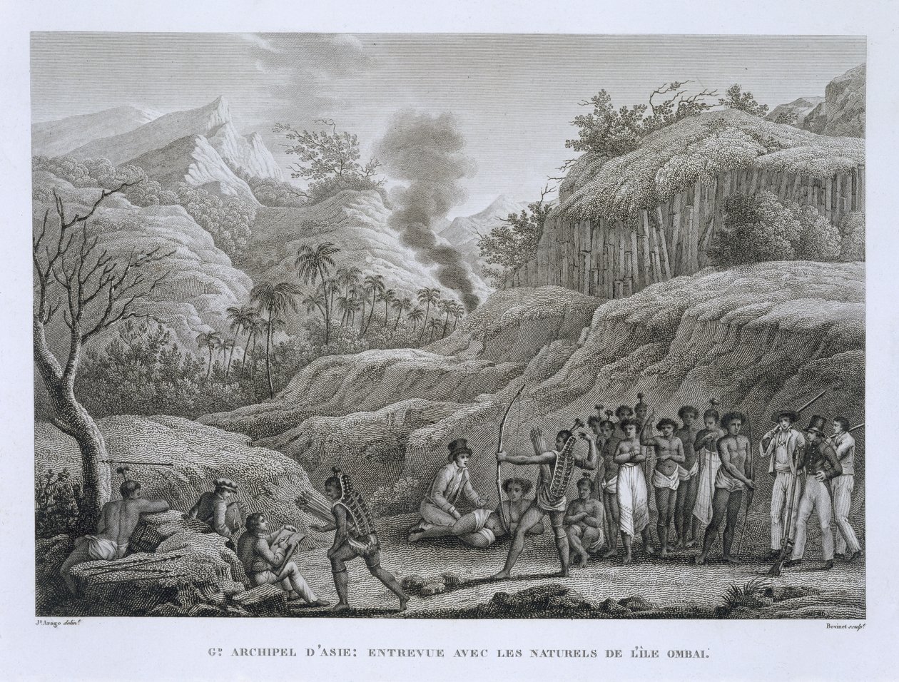Great Asian Archipelago：法国探险家与Ombai岛上的土着人，来自Voyage Autour du Monde（1817-20），由Bovinet镌刻的Louis Claude Desaulses de Freycinet（1779-1842）出版 作者 雅克·艾蒂安·维克多·阿拉戈