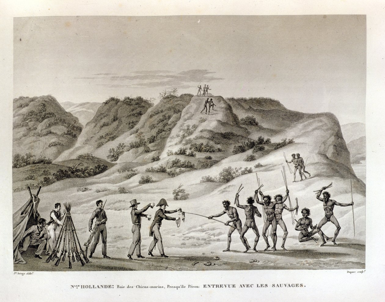 新荷兰庇隆半岛鲨鱼湾：与当地人见面，来自1872年出版的Dupare雕刻的“乌拉尼亚1817-20护卫舰世界之旅” 作者 雅克·艾蒂安·维克多·阿拉戈