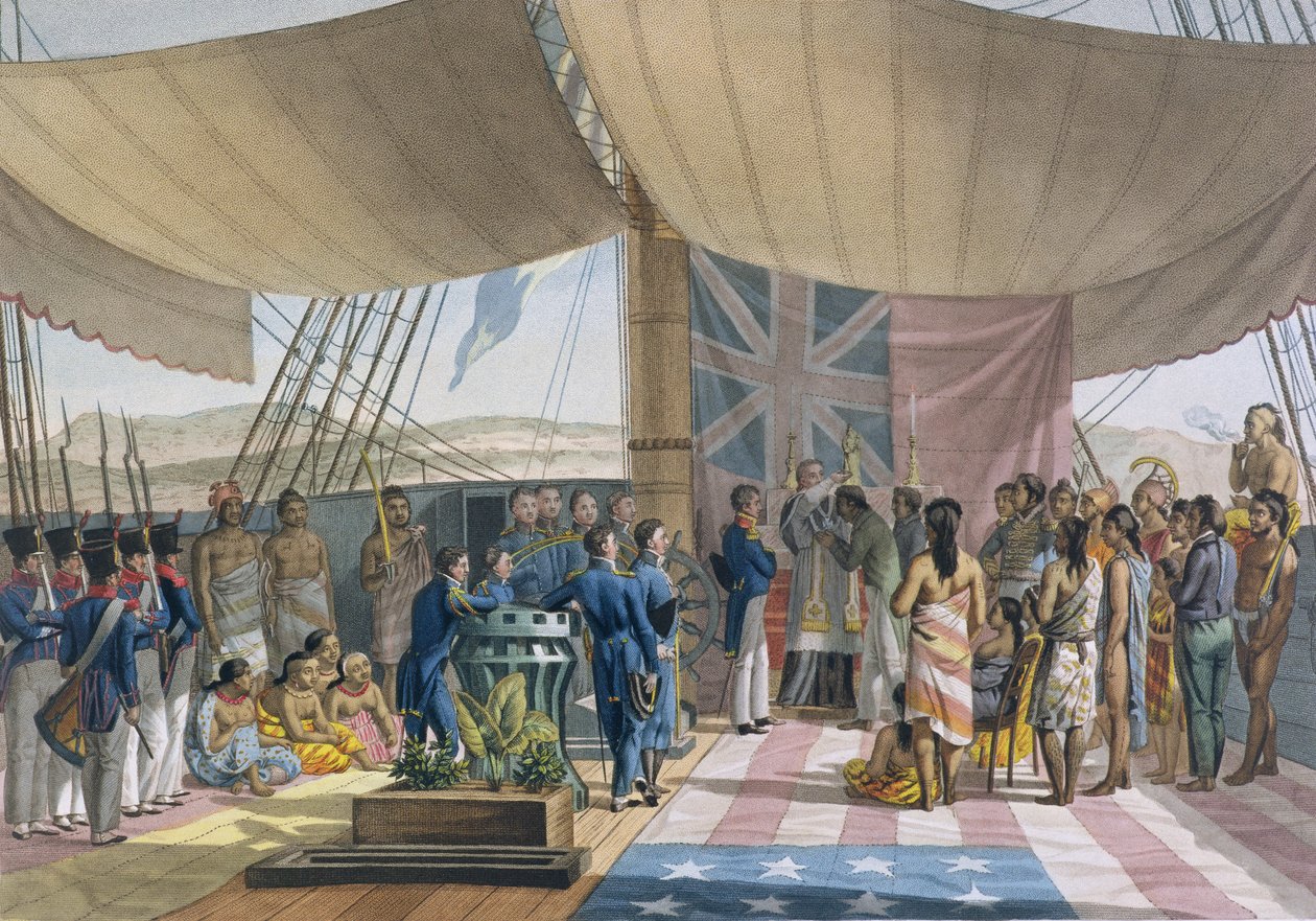 三明治群岛：国王总理在Uranie上的洗礼，来自Lerouge和Forget的Voyage Autour du Monde sur les Corvettes de LUranie 1817-20，1825年出版（ 作者 雅克·艾蒂安·维克多·阿拉戈