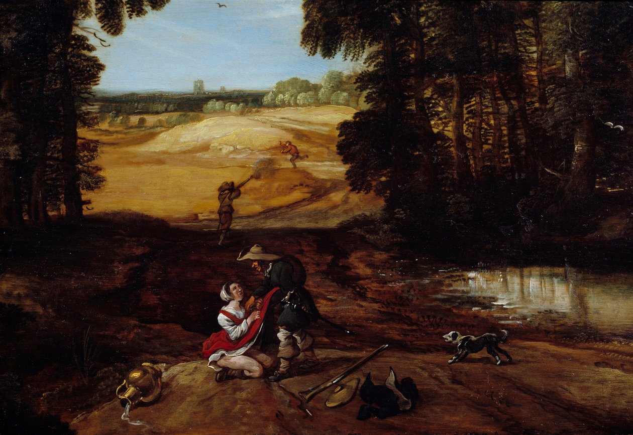 伏击。树林里的一些强盗正在宣扬强奸一个女人。Jacques Fouquieres (1580-1659)的画作 作者 雅克·富奎尔