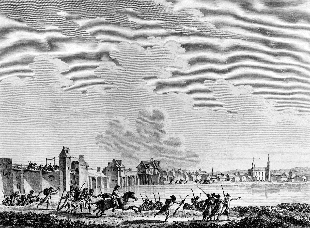 法国大革命：Deroute de Passy（Pacy sur Eure 或 Pacy-sur-Eure）于 1793 年 7 月 13 日。在 Swebach 之后由 Berthaut 雕刻。 巴黎，革命史研究所图书馆 作者 雅克·弗朗索瓦·约瑟夫·斯韦巴赫