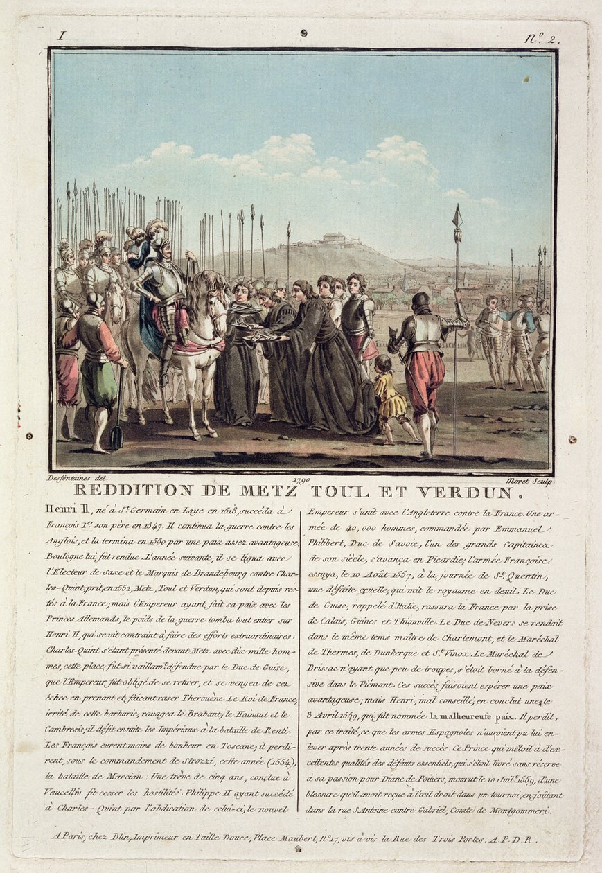 Henri II（1519-59）获得Metz，Toul和Verdun（1552）的钥匙，由Jean Baptiste Morret（1790-1820）雕刻，1790年（彩色光刻） 作者 雅克·弗朗索瓦·约瑟夫·斯韦巴赫