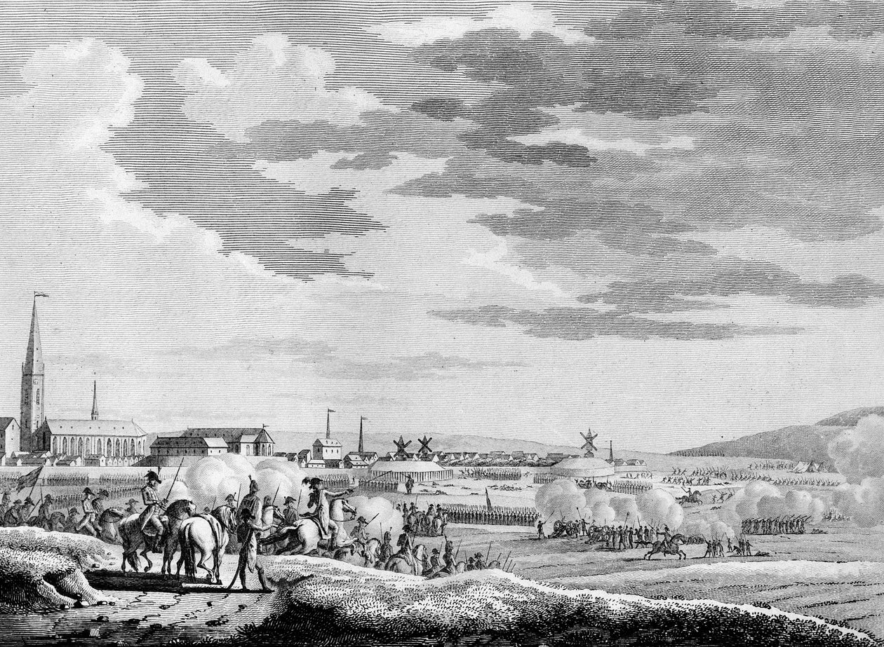 法国大革命战争和反革命运动：1793 年法国在敦刻尔克附近的洪德斯乔特战役中战胜英国和奥地利反革命军队。斯韦巴赫之后由贝索雕刻。 巴黎，研究所图书馆 作者 雅克·弗朗索瓦·约瑟夫·斯韦巴赫
