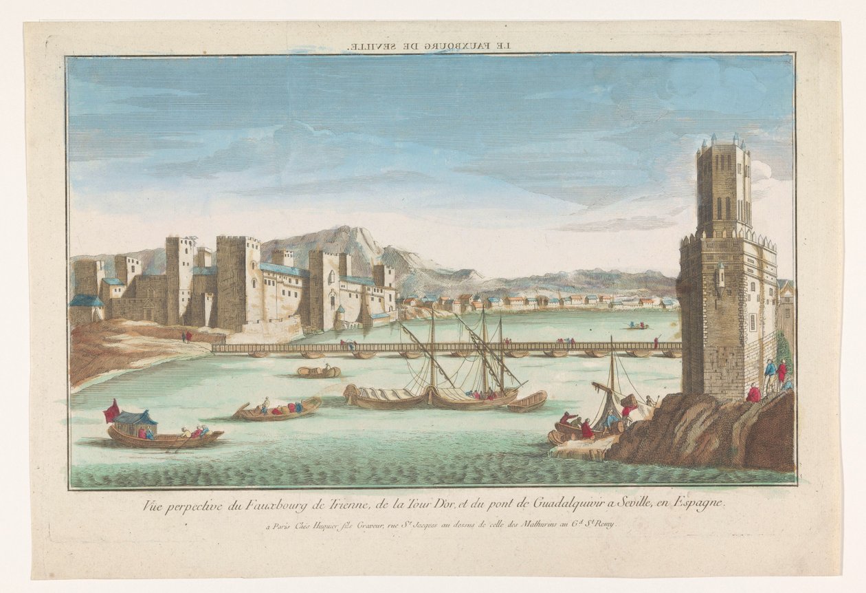 塞维利亚 Triana 区、瓜达尔基维尔河上的一座桥和 Torre del Oro 的景色
Le fauxbourg de Seville（物体上的标题） 作者 雅克·加布里埃尔·胡奎尔