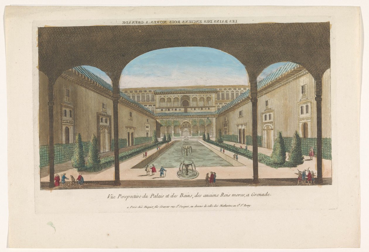 格拉纳达阿尔罕布拉宫喷泉庭院景观
Les bains des enciens rois Mores, a Grenade（物品上的标题） 作者 雅克·加布里埃尔·胡奎尔