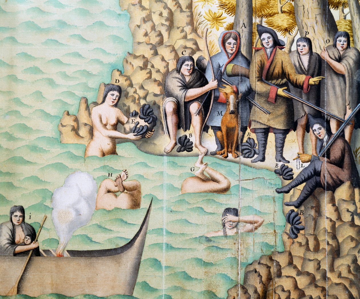 土著妇女在麦哲伦海峡捕捉贝类，由杜普莱西斯 (Duplessis) 创作的水彩画，由 Jacques Gouin de Beauchesne（1652-1730 年）于 1698 年至 1701 年间在阿根廷巴塔哥尼亚航行时创作 作者 雅克·古安·德·博舍纳