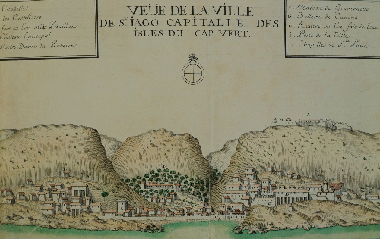佛得角的圣贾戈城（圣地亚哥），水彩画，摘自雅克-古安-德-博什纳（Jacques Gouin de Beauchesne）的航海日志，他是 1698 年至 1701 年在南洋的船长。 作者 雅克·古安·德·博舍纳