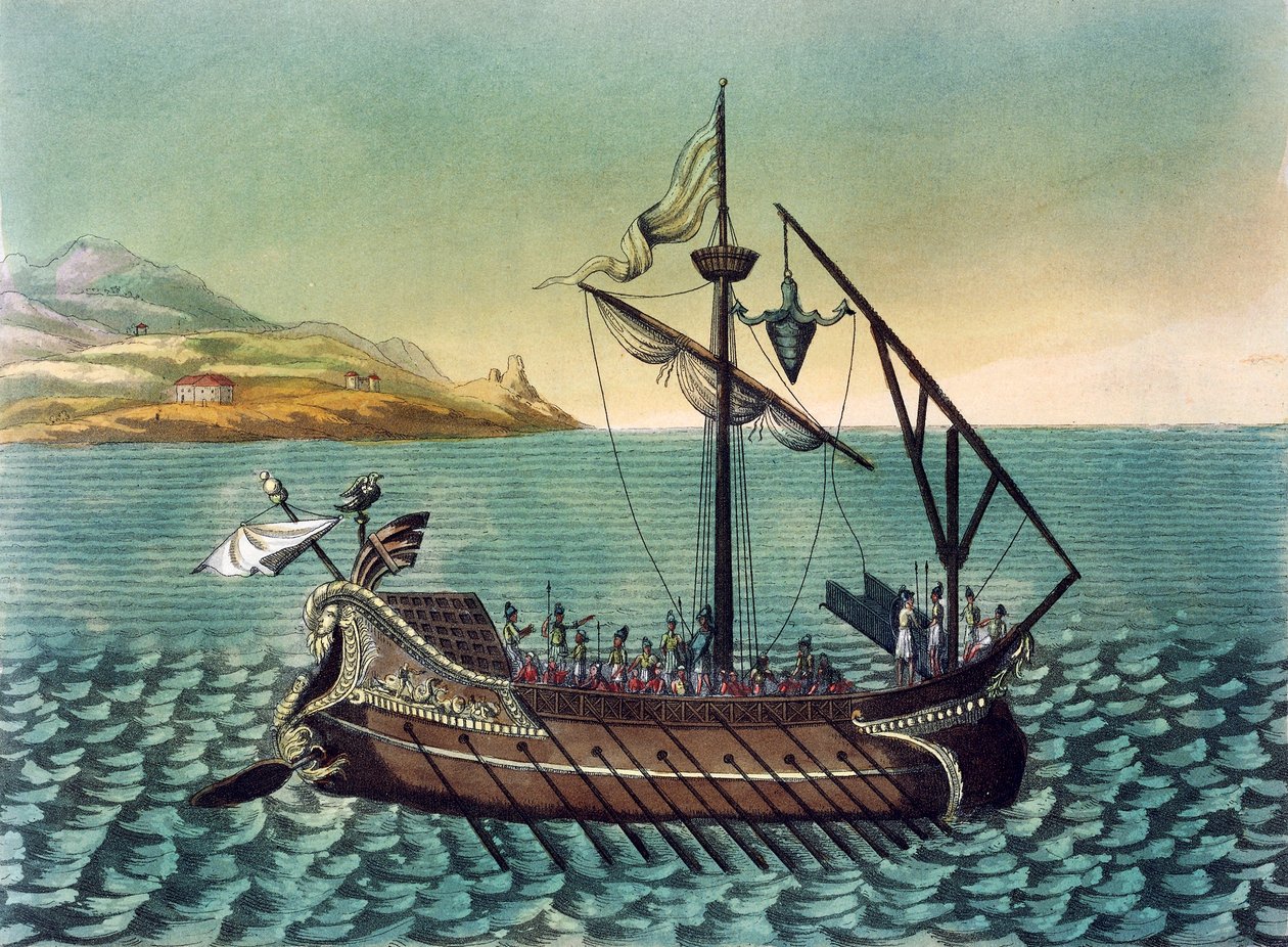 Duilius Corvus（登船装置）在罗马加里战舰上，由Jacques Grasset de Saint-Sauveur（1757-1810）绘制，来自古罗马的雕刻。 作者 雅克·格拉塞德·圣索维尔