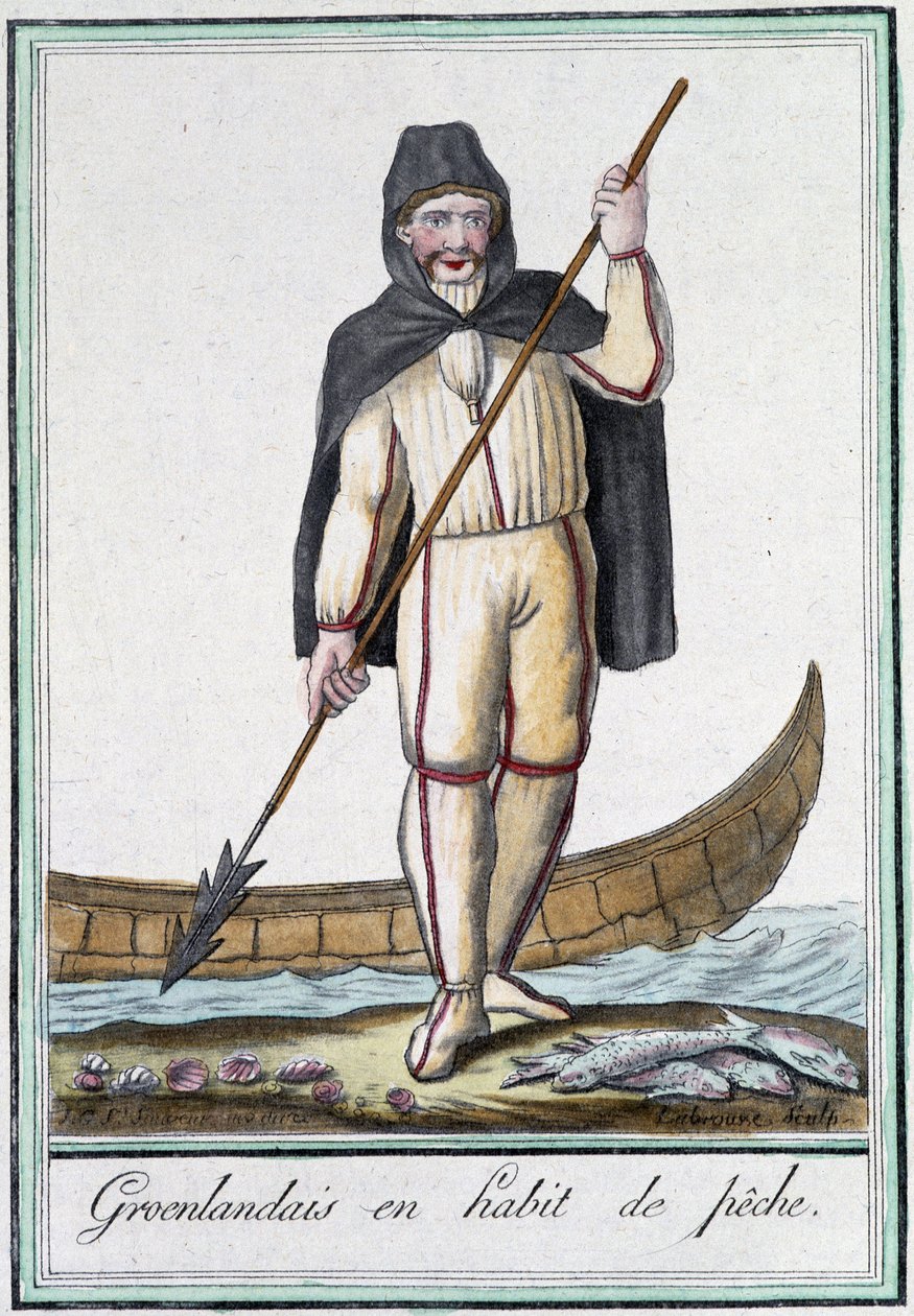 身着渔服的格陵兰人——在 Grasset Saint Sauveur 编的“”Encyclopédie des voyages”中。 巴黎 1796 作者 雅克·格拉塞德·圣索维尔
