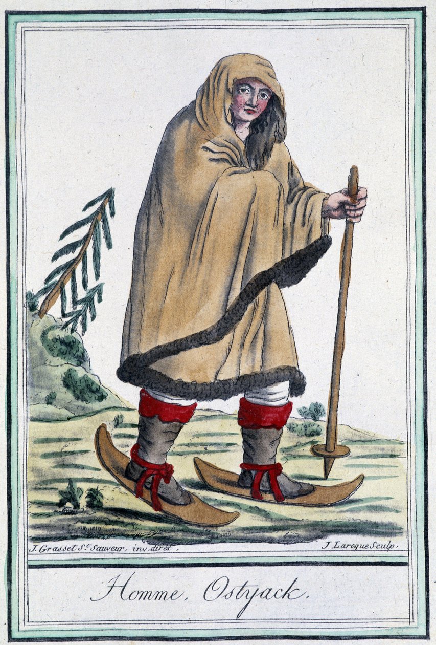 踩着滑雪板的奥斯特亚克人--载于Grasset Saint Sauveur的 "Encyclopédie des voyages"，巴黎1796年版。 作者 雅克·格拉塞德·圣索维尔
