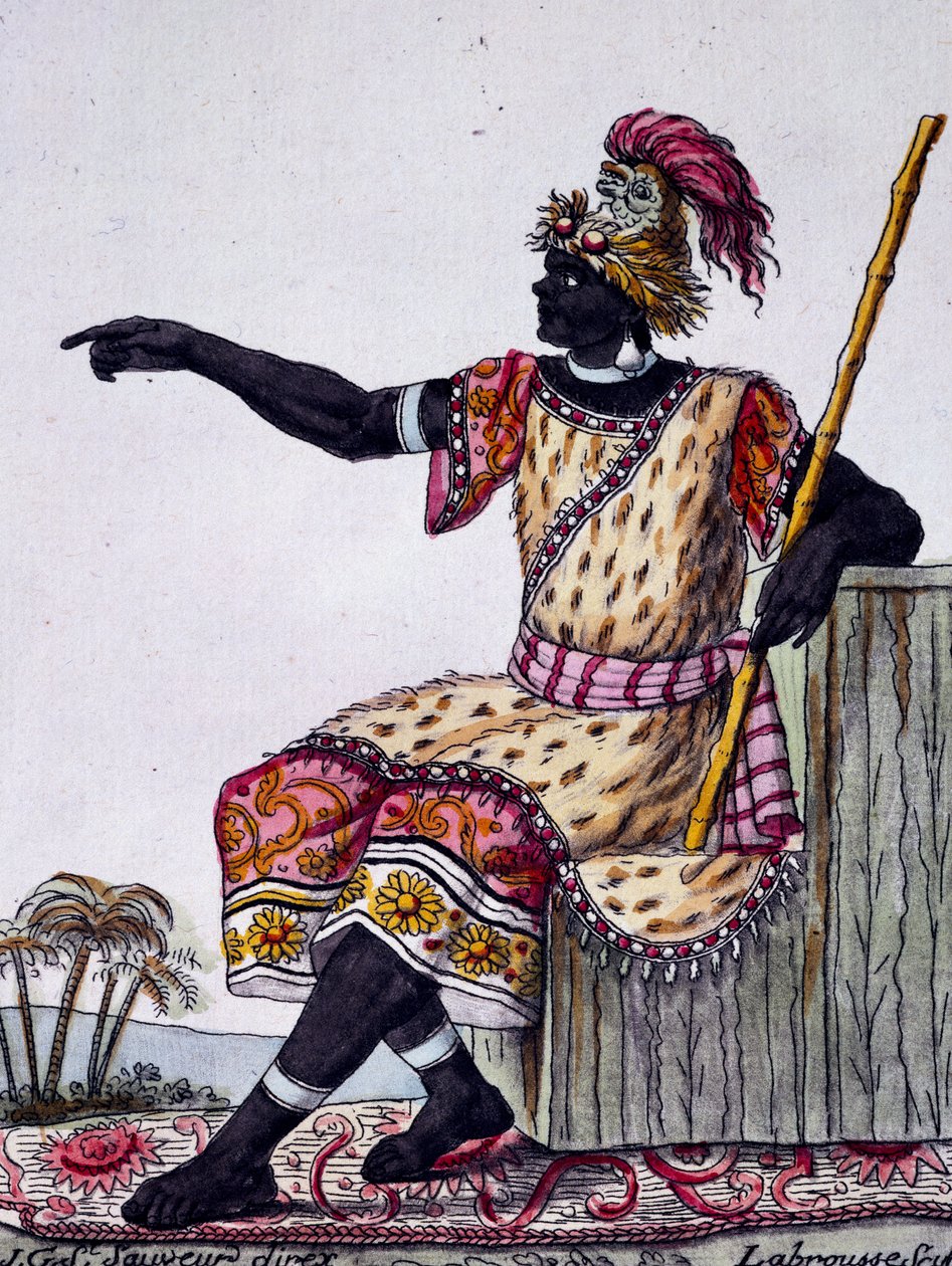 Loango国王，根据Labrousse（活跃于1796年）的绘图进行的彩色雕刻，出自Jacques Grasset de Saint-Sauveur（1757-1810）的《航海百科全书》。 作者 雅克·格拉塞德·圣索维尔