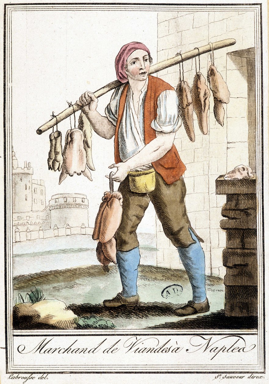 Meat dealer in Naples - in “” Encyclopedia of travels”” by Grasset St Sauveur, Paris 作者 雅克·格拉塞德·圣索维尔
