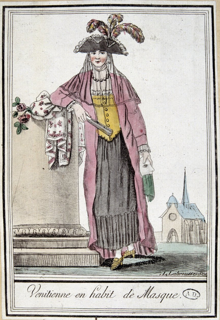 穿着面具的威尼斯女人--载于Grasset Saint Sauveur的 "Encyclopédie des voyages"，巴黎1796年版。 作者 雅克·格拉塞德·圣索维尔