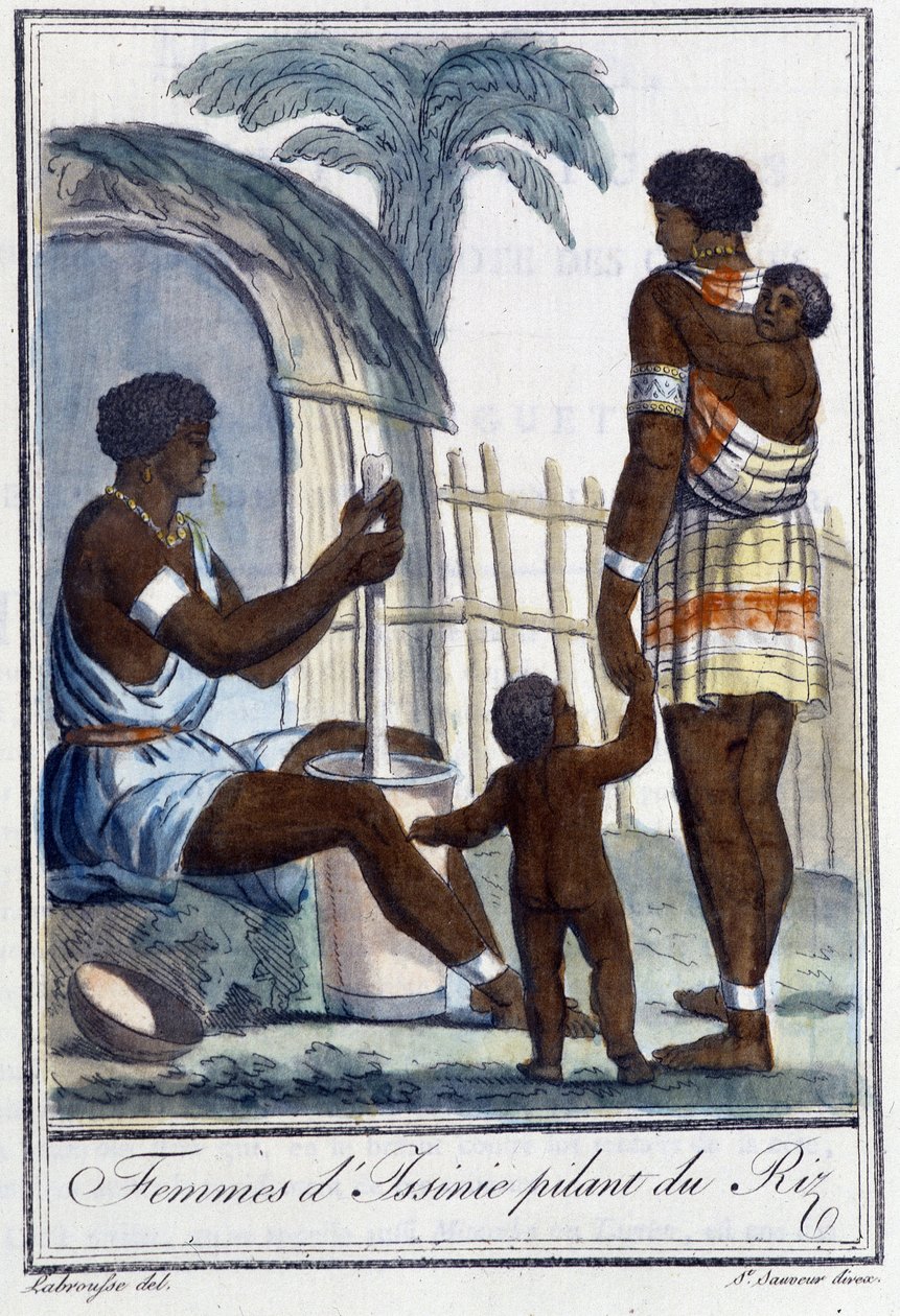 Issinie 的妇女在捣米 - 在 Grasset St Sauveur 编的“”旅行百科全书”中。 1796 作者 雅克·格拉塞德·圣索维尔