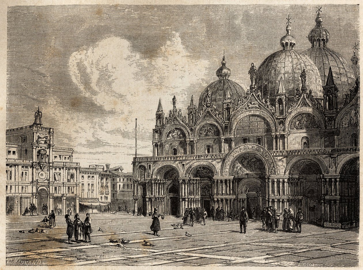 The square and the church of St. Mark (Saint Mark), drawing by Jacques Guiaud (1810-1876), to illustrate Adalbert de Beaumont