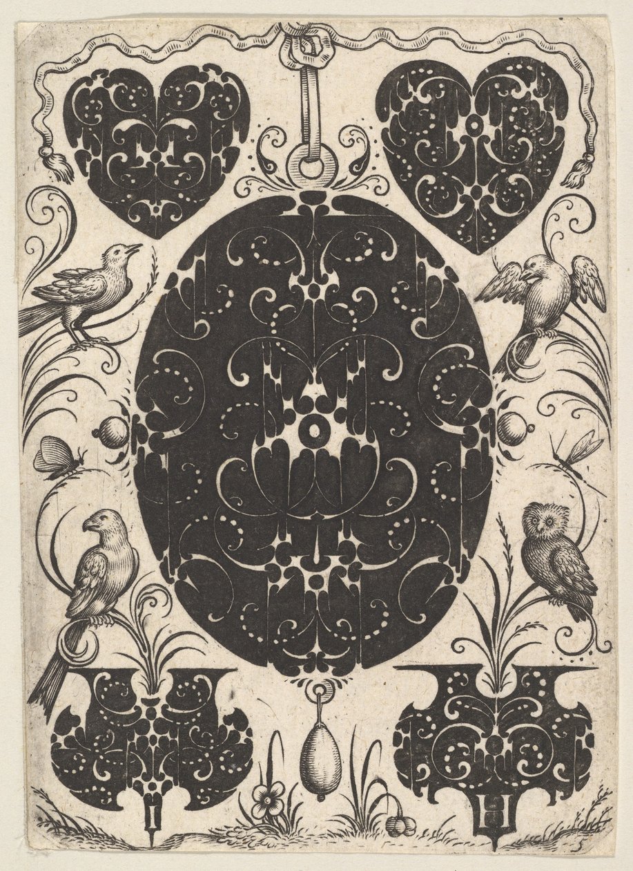 椭圆形吊坠，装饰有Schweifwerk，周围有较小的图案和四只鸟，约1614-19。 作者 雅克·胡尔图