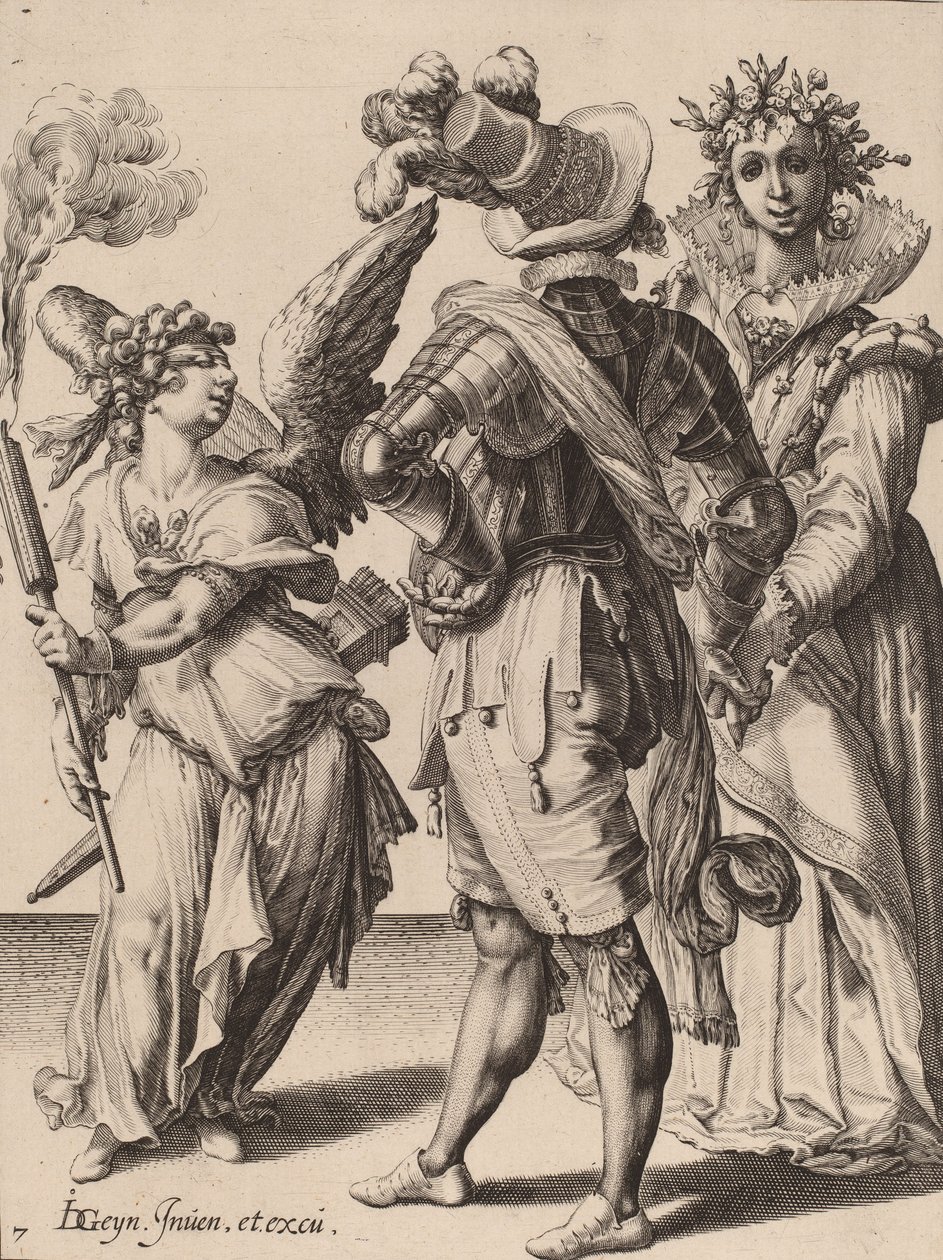一对被蒙住眼睛的丘比特在一对夫妇面前举行火炬，归功于Zacharias Dolendo，1595-6（在纸上雕刻） 作者 雅克二世·盖恩