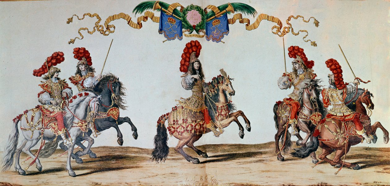 1662年的卡鲁塞尔。国王路易十四和参加1662年巴黎卡鲁塞尔仪式的骑士们（雕刻）。 作者 雅克·贝伊