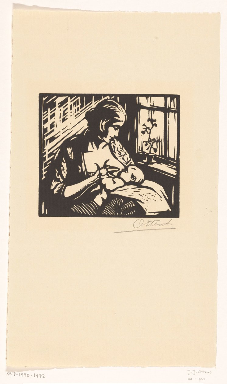 给孩子喂奶的妇女 作者 Jacques Jeichienus Ottens（艺术家签名）