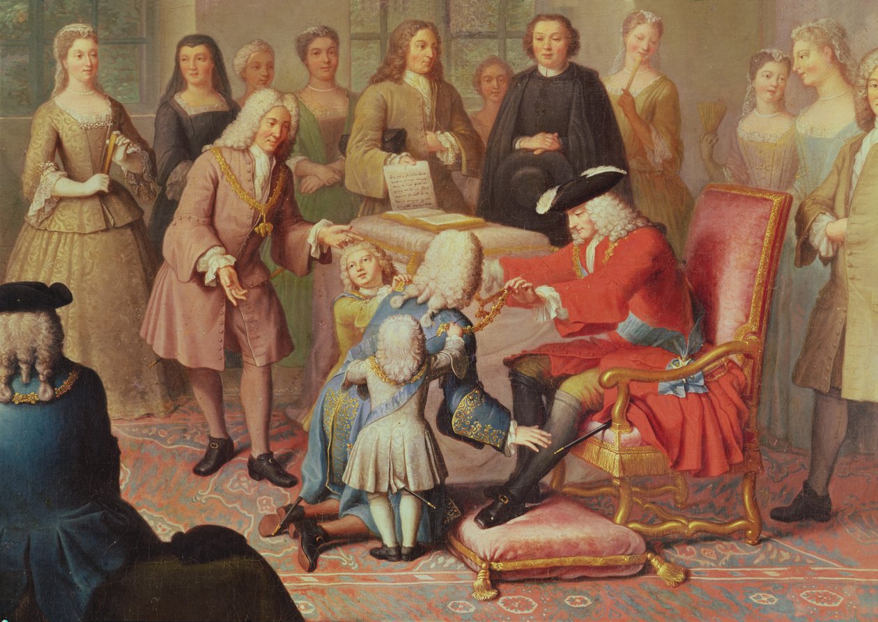 1724 年，西班牙腓力五世将金羊毛奖章授予法国驻西班牙大使特塞元帅。 作者 雅克·劳莫斯尼尔