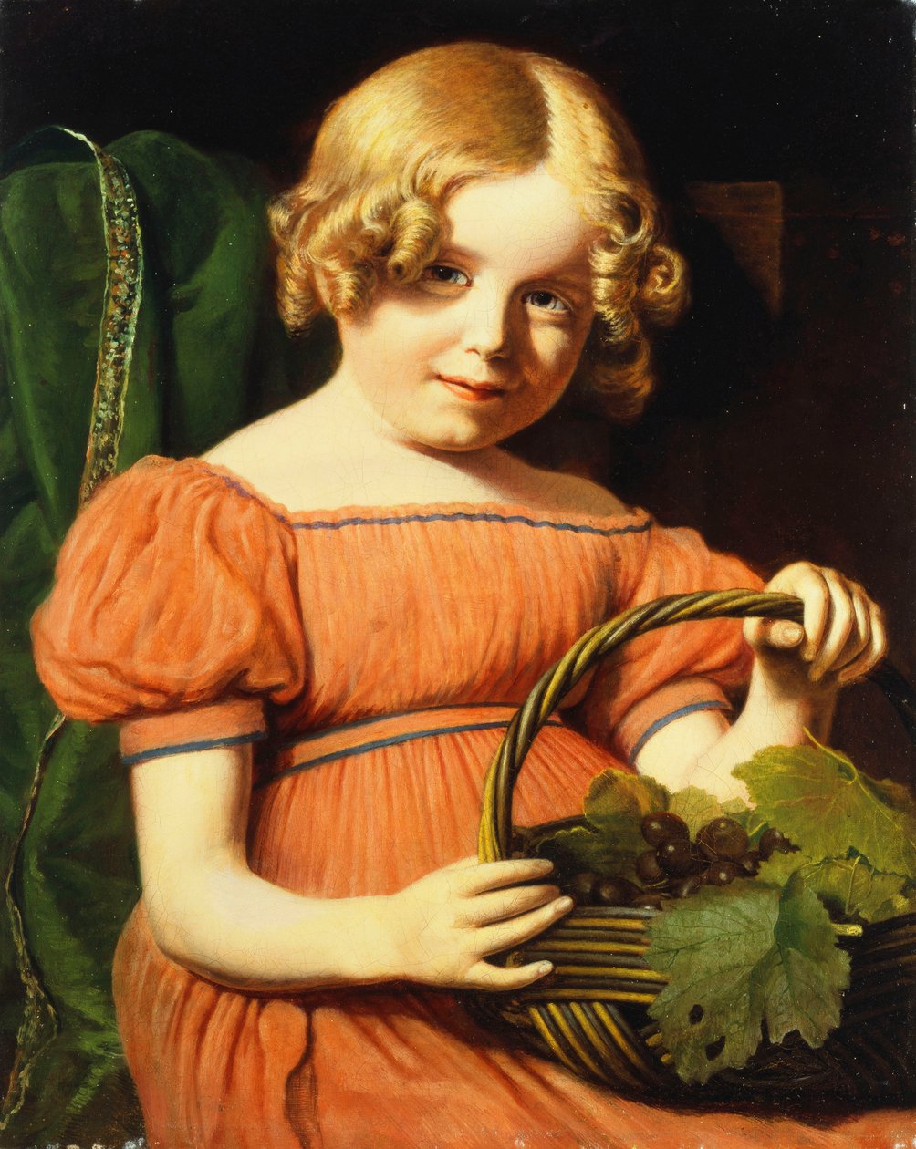 路易莎·布斯（Louisa Booth）的肖像，坐在一半的位置，穿着一条珊瑚粉红色连衣裙，并用蓝色编织带剪裁，提着一篮葡萄， 作者 雅克·洛朗·阿加斯