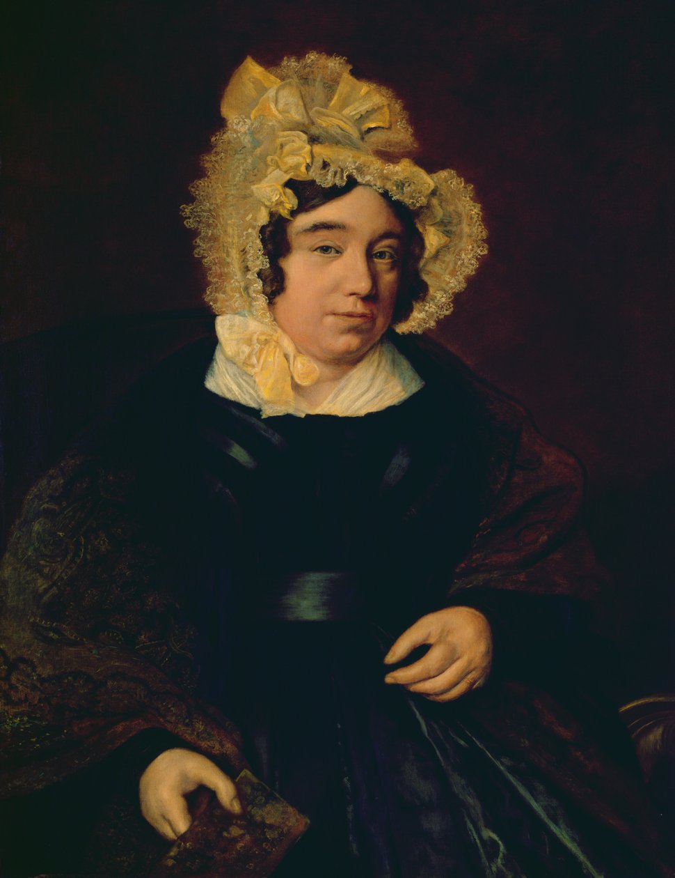 戴佩斯利披肩的深色缎面连衣裙中的爱德华·克罗斯夫人肖像，1838年 作者 雅克·洛朗·阿加斯